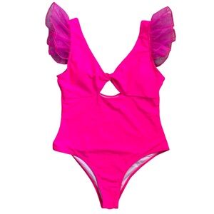 SPORLIKE Women’s Hollow-Out One Piece Swimsuit Hot Pink Shoulder Ruffle‎